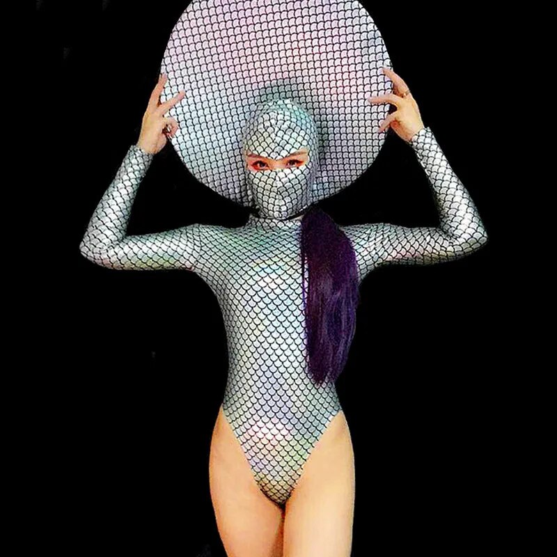 VCSHOES Laser Fish Scale Patterns Bodysuit Mysterious Masked Headgear Dance Outfit Nightclub Bar Stage Costume Performance Leotard