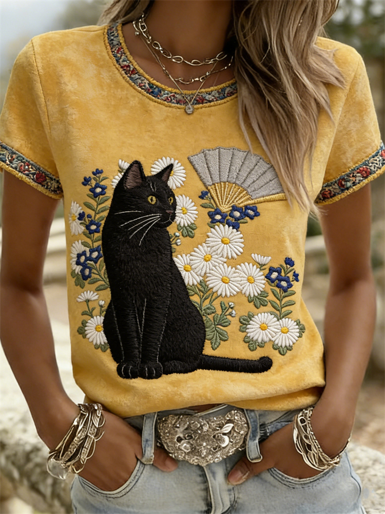 Comstylish Black Cat & Fan Flowers Japanese Art Washed T Shirt