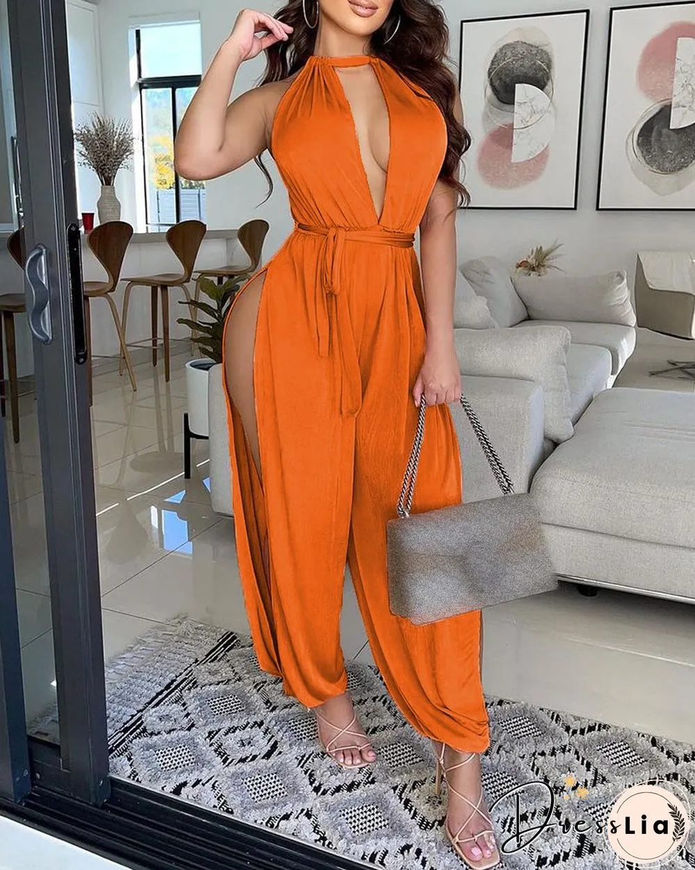 Halter Open Front High Slit Jumpsuit