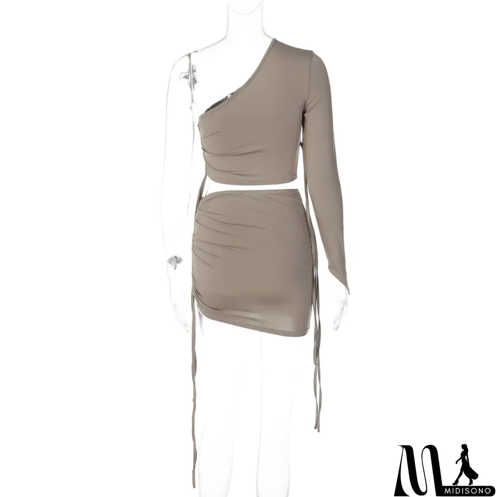 MidiSono - Women Fall One Shoulder Crop Top and Side Drawstring Skirt Two Piece Set