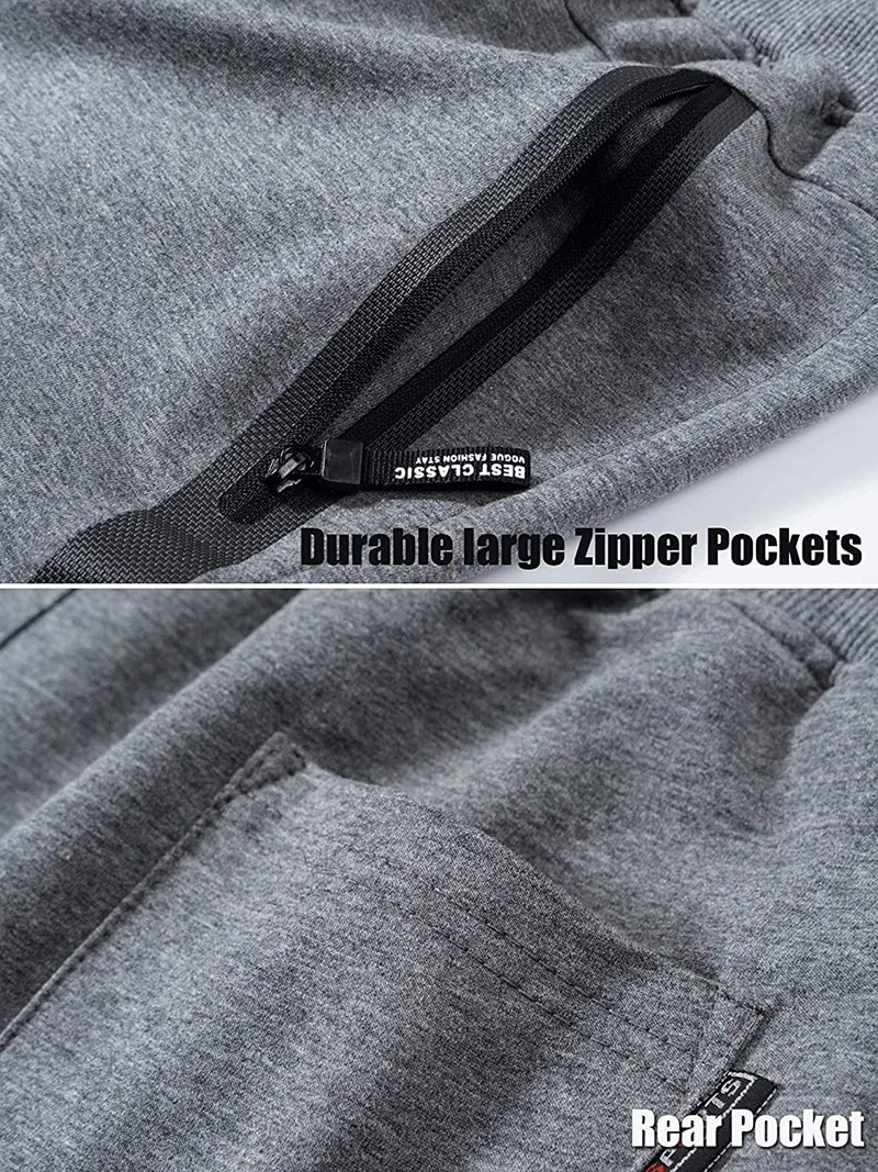 Men Cotton Running Elastic Waist Zipper Pockets Drawstring Gym Trainging Fitness Sports Joggers Shorts