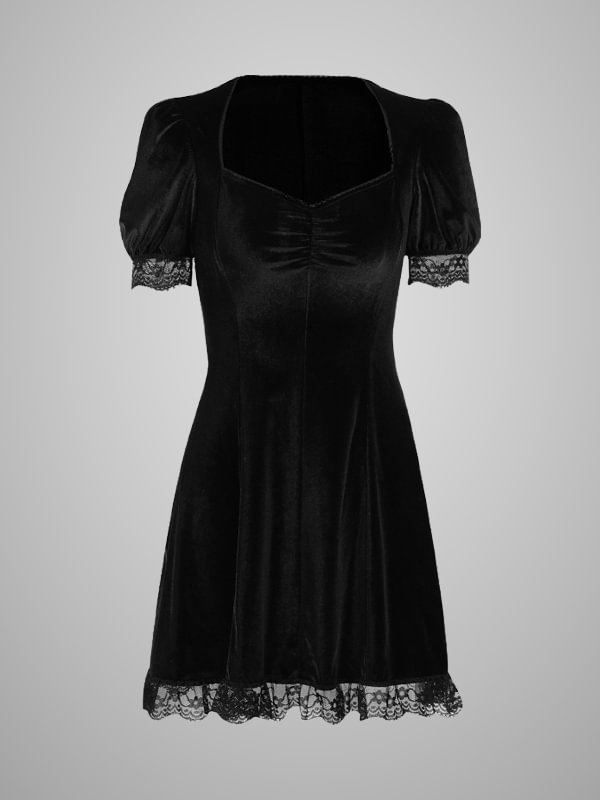 Goth Squared-Neck Lace Puff Sleeve Solid Mini Dress