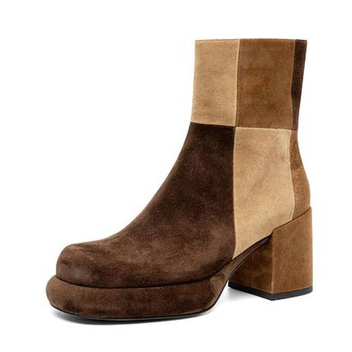 Brown & Tan Patchwork Block Heel Platform Ankle Boots with Zipper Nicepairs