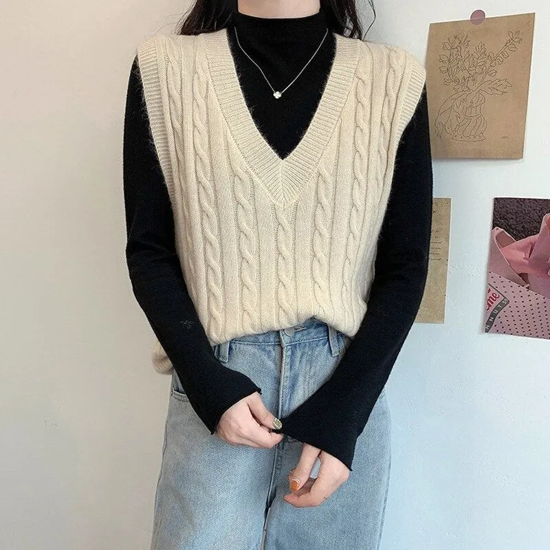 Sweater Vest Women V-neck Pullover Sleeveless Knitted Fashion Casual Loose Elegant Simple Chic Korean Soft Ulzzang Sweater New