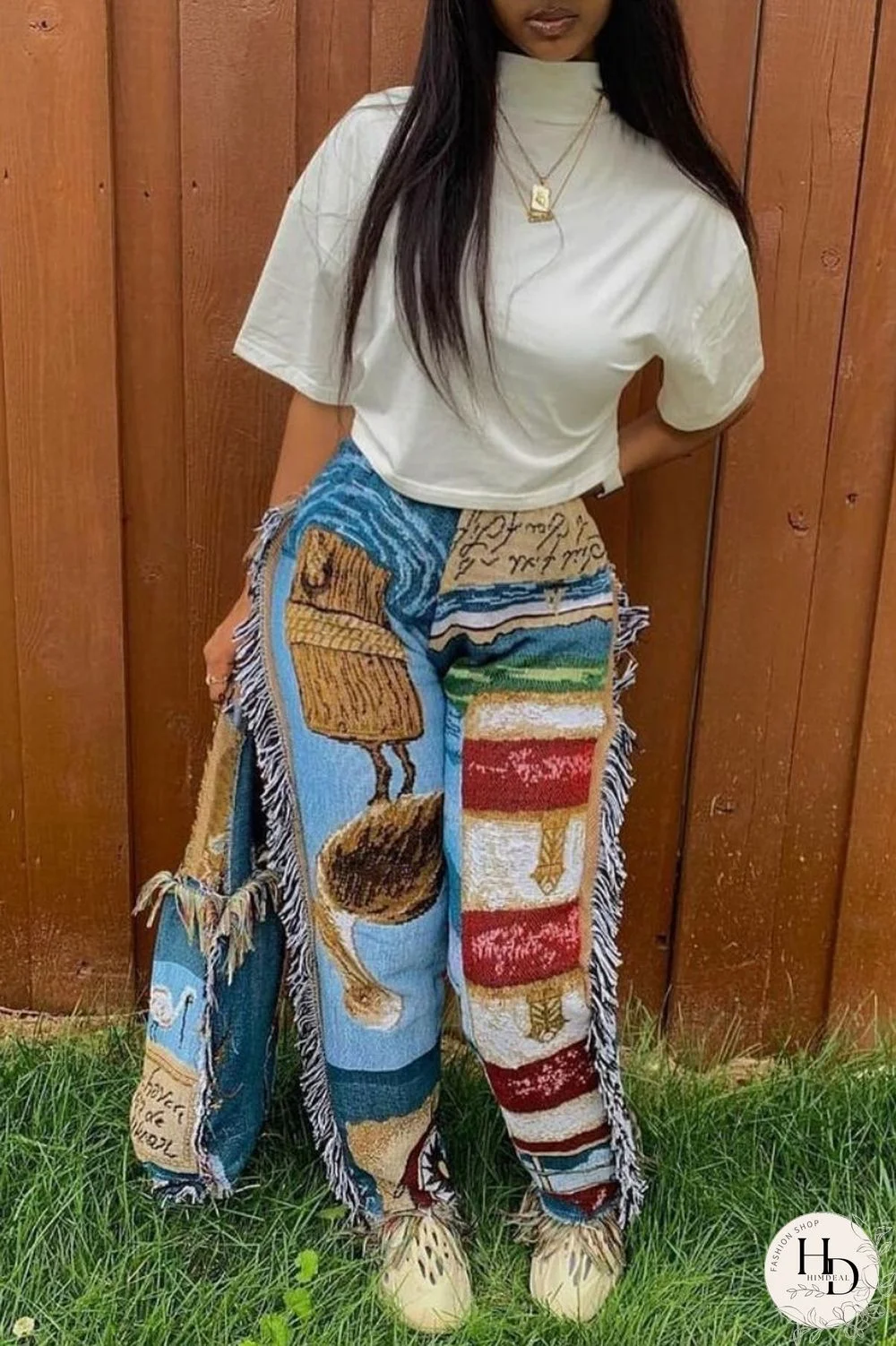 Sky Blue Casual Print Tassel Patchwork Regular High Waist Conventional Full Print Trousers