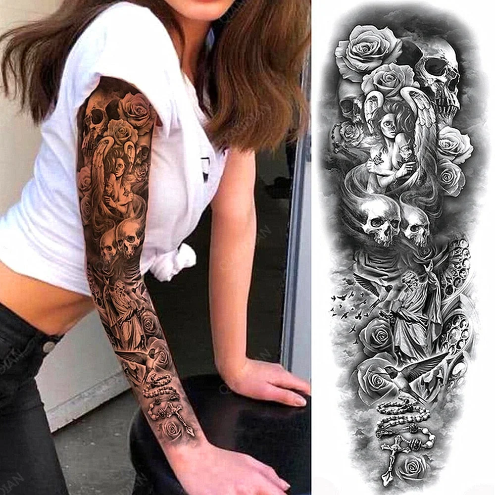 Large Arm Sleeve Tattoo Rose Lion Wolf Waterproof Temporary Tatto Sticker Flower Clock Waist Leg Body Art Full Fake Tatoo Women