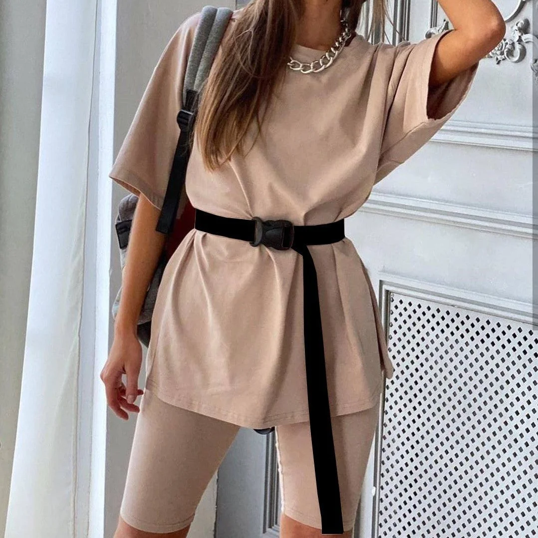 Uveng Two-piece Set With Belt Solid Color Suits