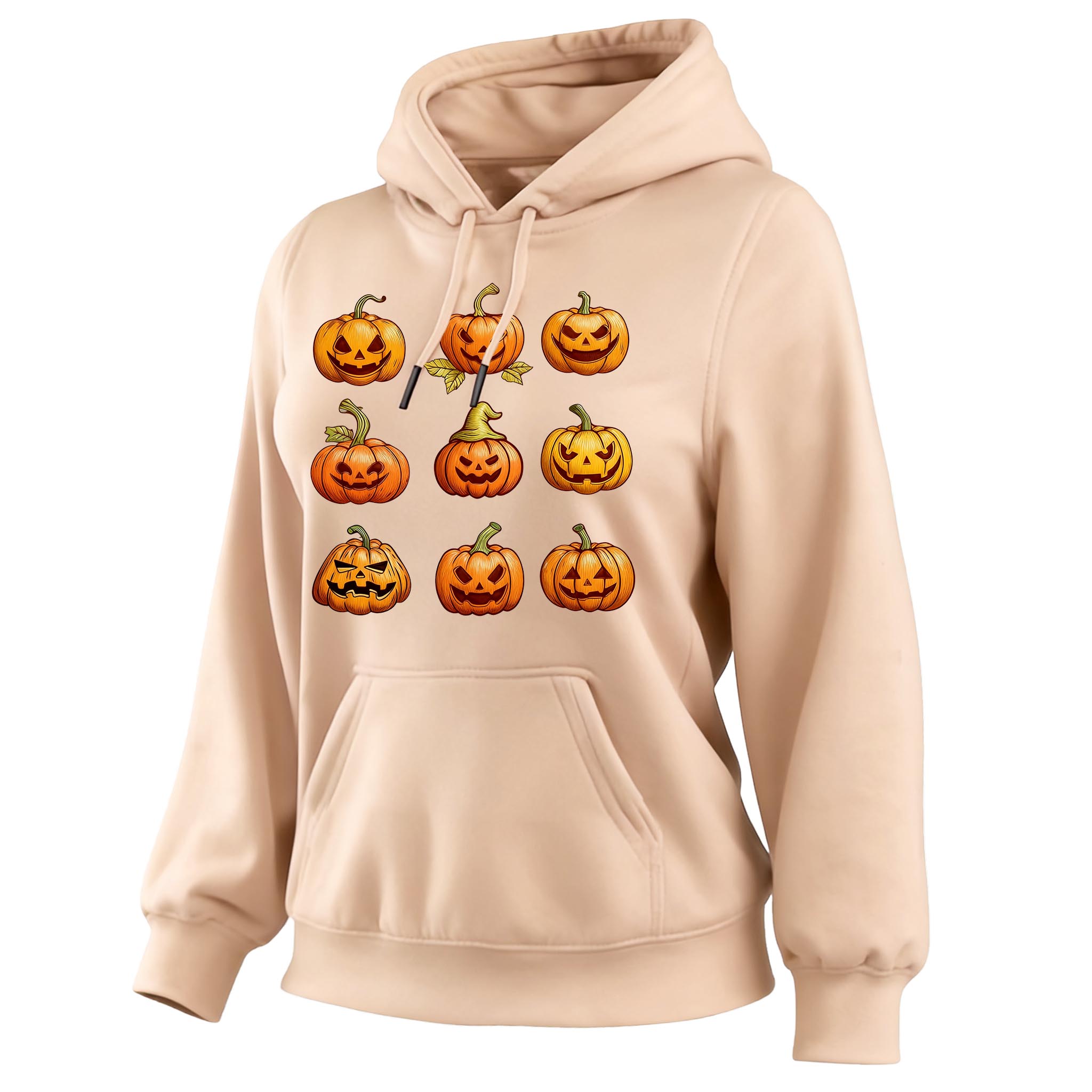 Women's Vintage Halloween Pumpkin Print Pocket Long-Sleeve Hoodie