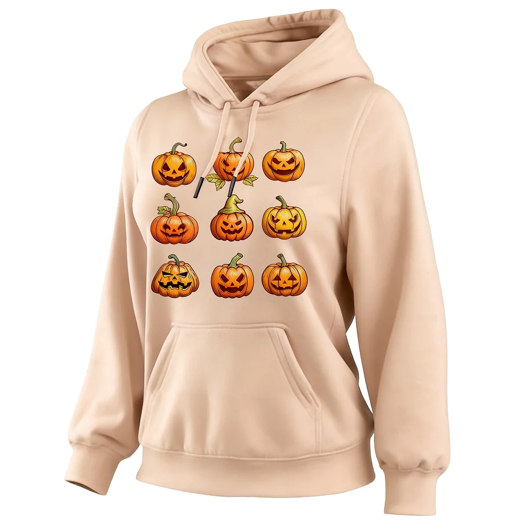 Women's Vintage Halloween Pumpkin Print Pocket Long-Sleeve Hoodie