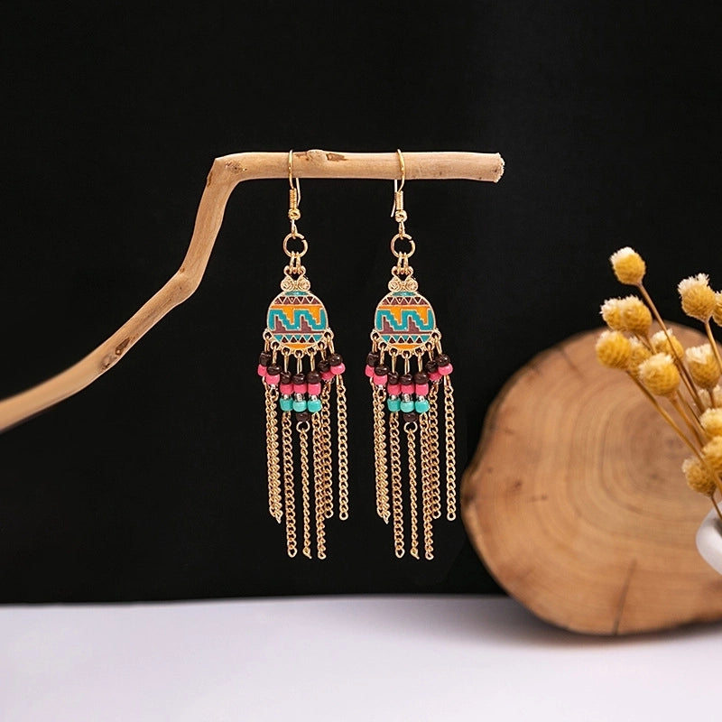Bohemian Blue Turquoise National Style Earrings Imitation Miao Silver Metal Earrings Vintage Tassel Earrings