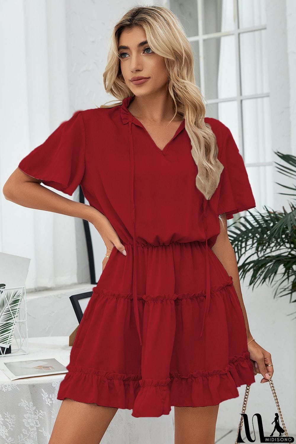 MidiSono - Tie Neck Frill Trim Short Sleeve Mini Dress