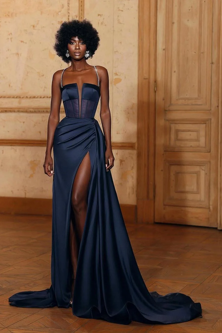 Miabel Chic Dark Navy Satin Halter Strapless Sleeveless Long Pleated Prom Dress with Split 