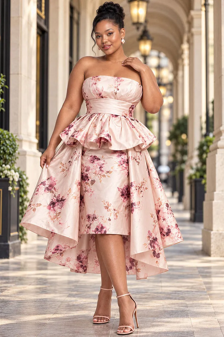 Xpluswear Design Plus Size Formal Pink Floral Strapless With&nbsp;Skirt&nbsp;Overlay&nbsp;Ruffle Satin Midi Dresses [Pre-Order] 2024 - Xpluswear