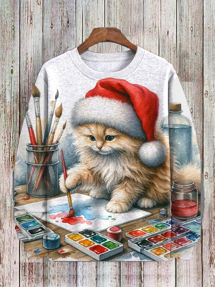 Men's Watercolor Painting Cat Print Casual Sweatshirt