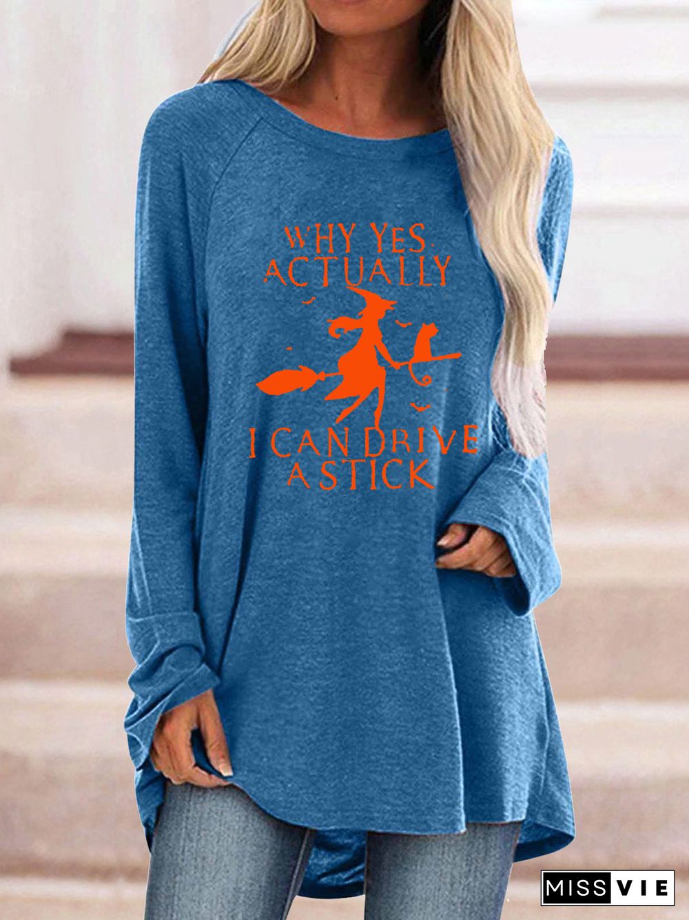 Women Long Sleeve Scoop Neck Solid Letter Graphic Top