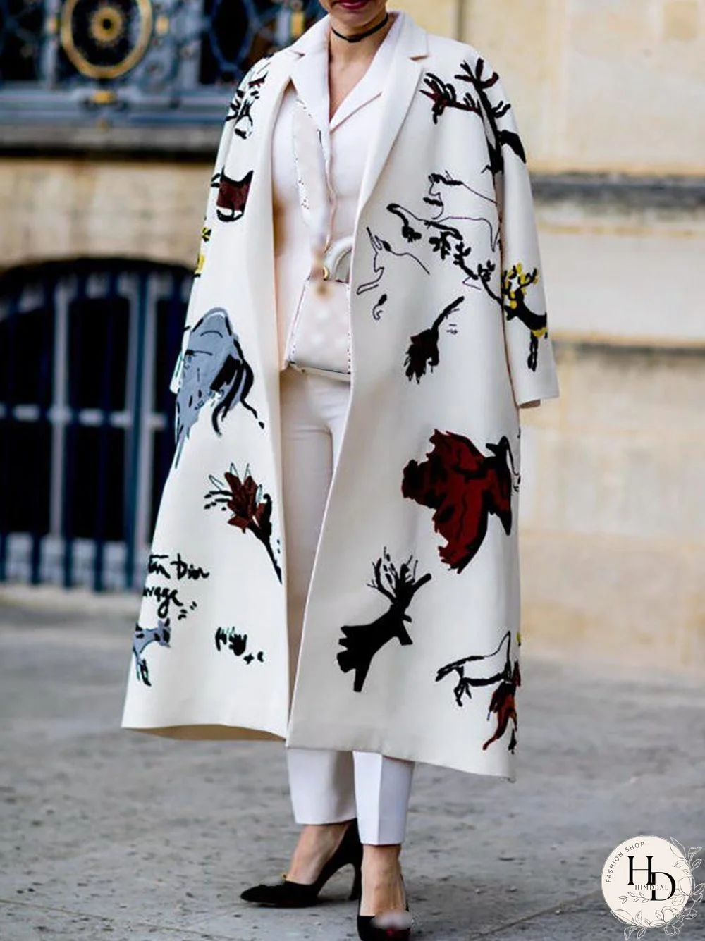 White Notched Lapel Long Print Coat