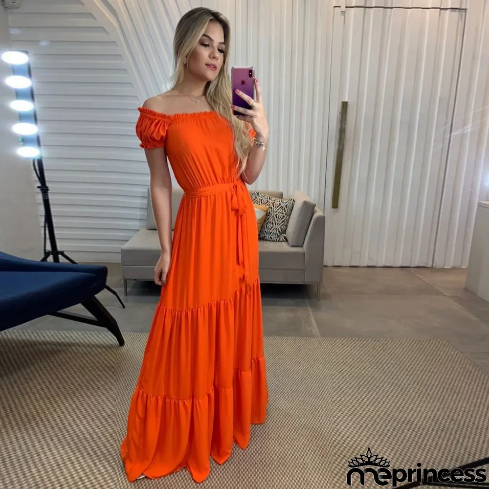 Women Summer Off Shoulder With Belted Maxi Dress