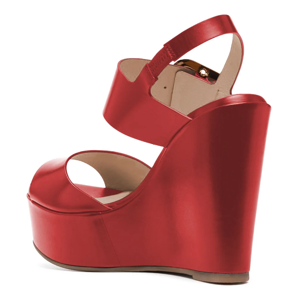 Red Round Toe Platform Ankle Strappy Wedge Sandals for Women