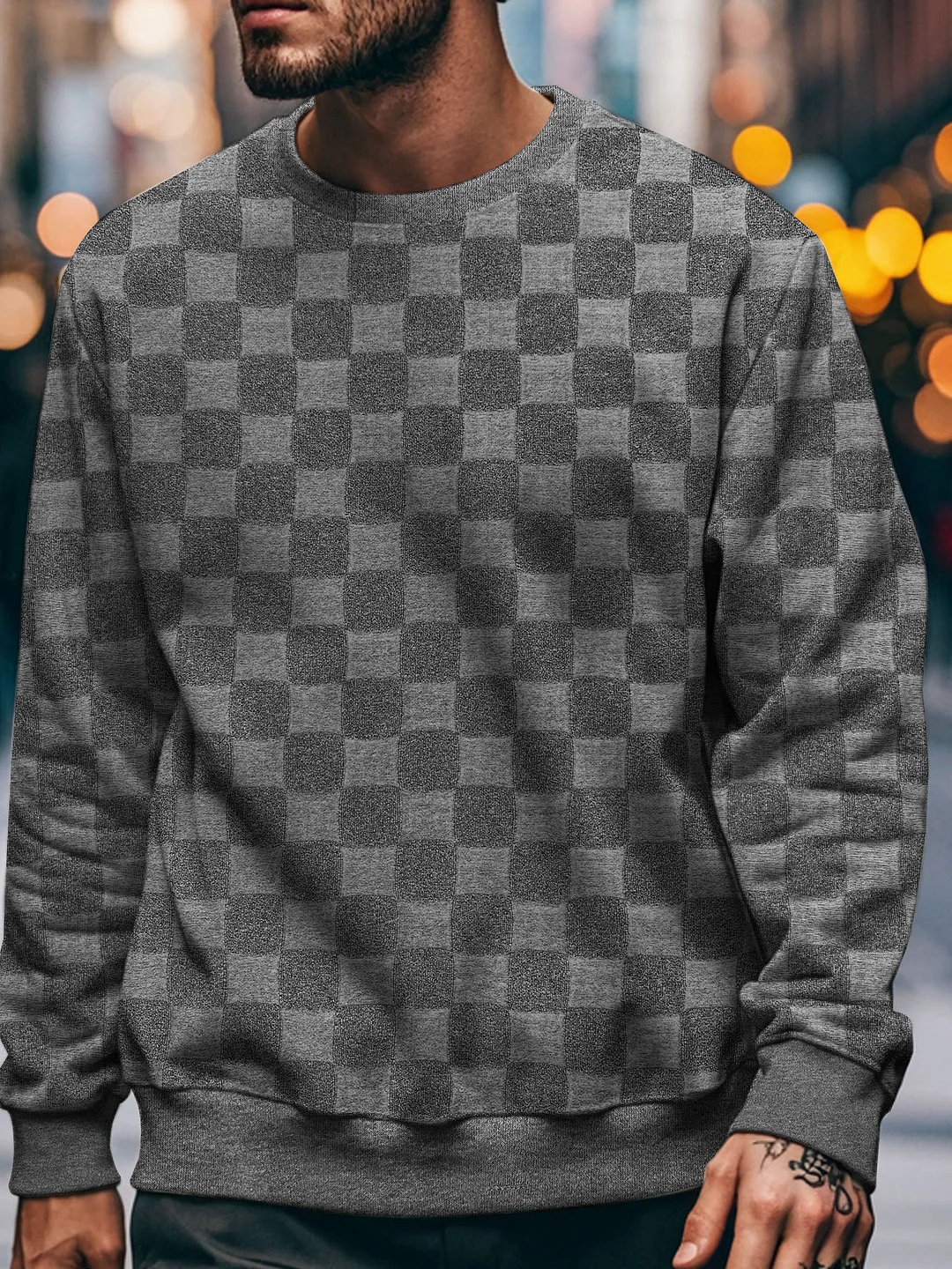 Men's Loose Embroidered Checkerboard Long-sleeved Crew Neck Sweatshirt