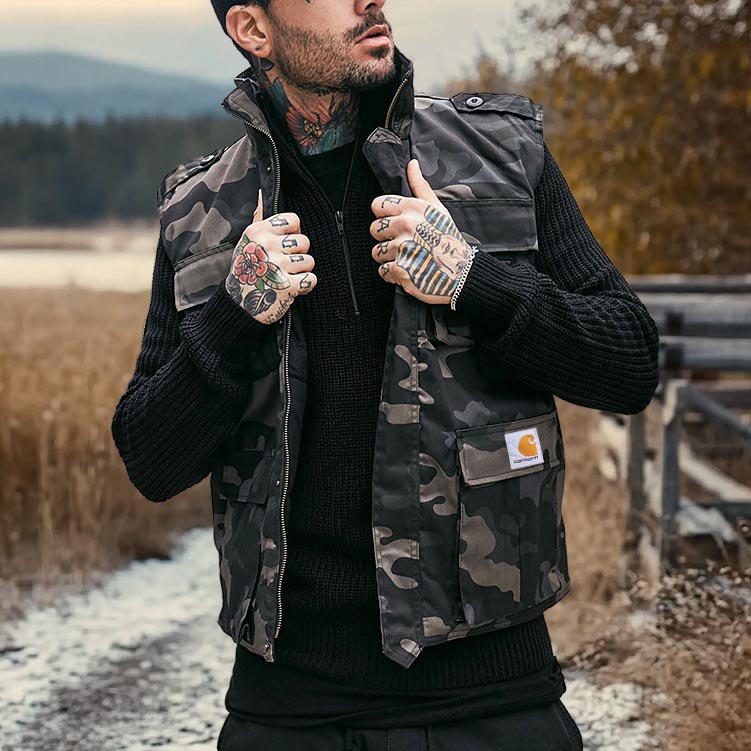 Men's Vintage Camouflage Multi-Pocket Stand Collar Vest