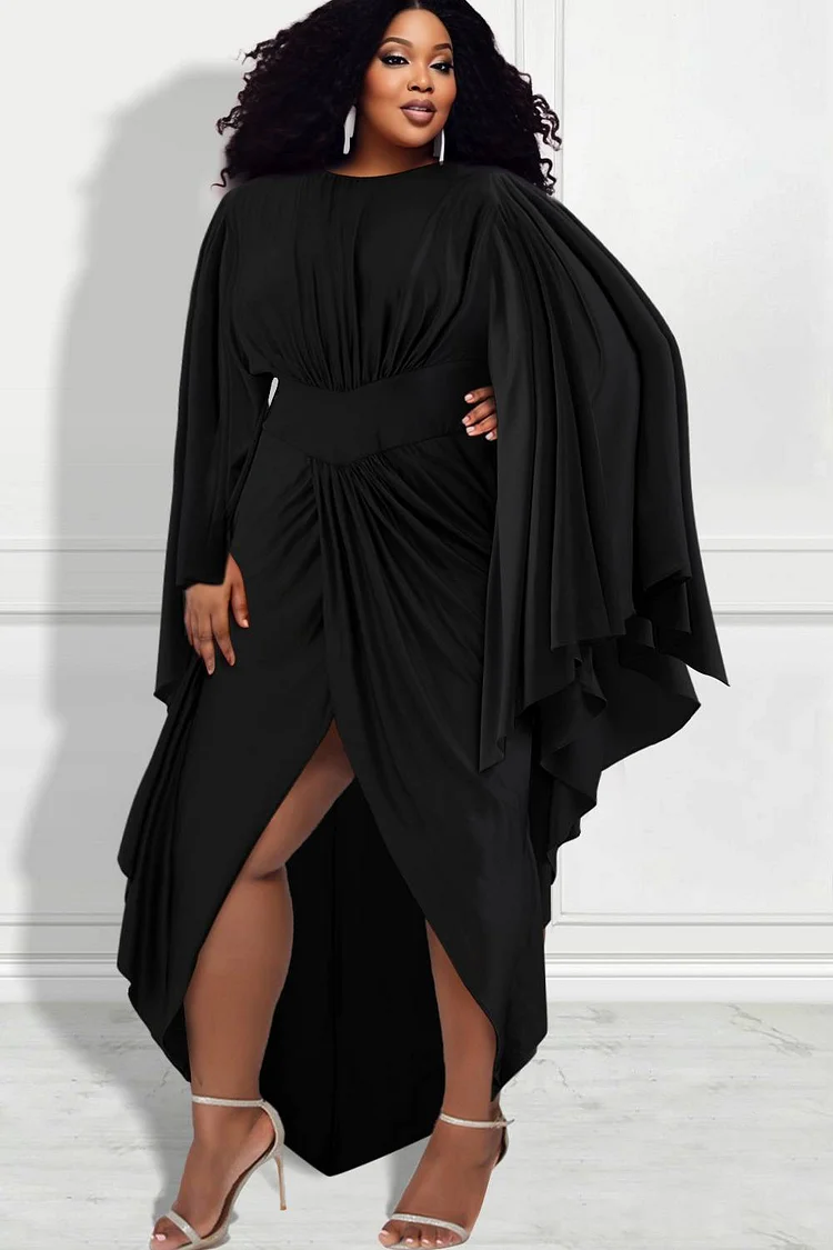 Plus Size Party Dresses Elegant Black Fall Winter Crew Neck Flare Long Sleeve Pleated Satin Midi Dresses [Pre-Order]
