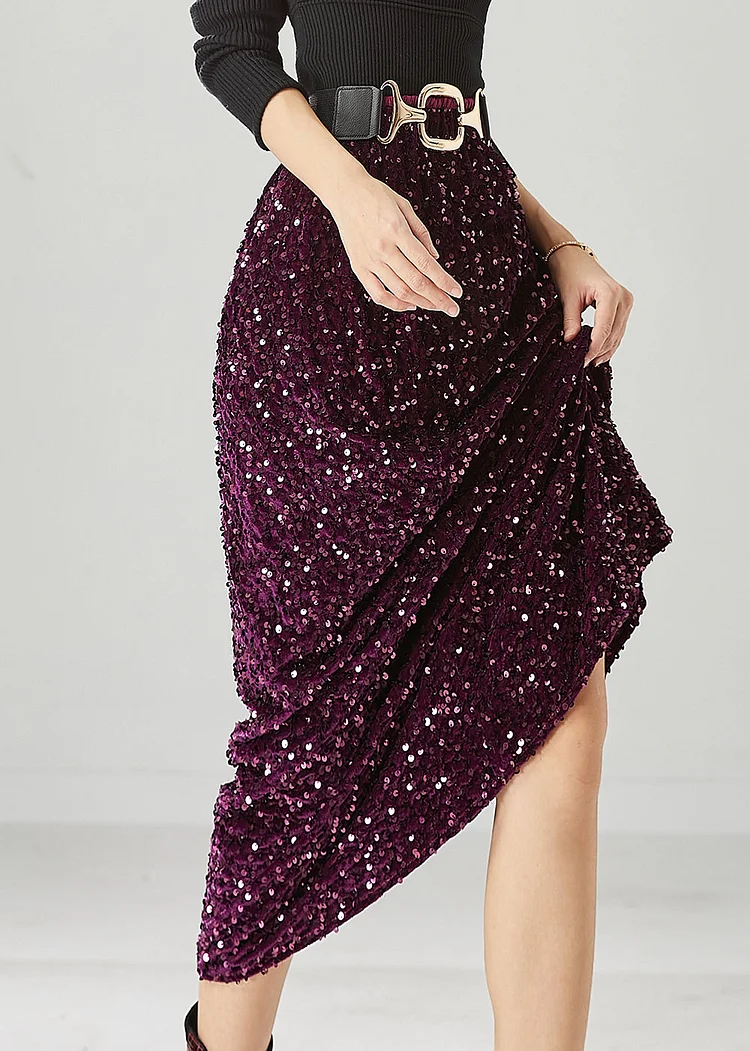 Dark Purple Silm Fit Silk Velour Skirts Sequins Fall