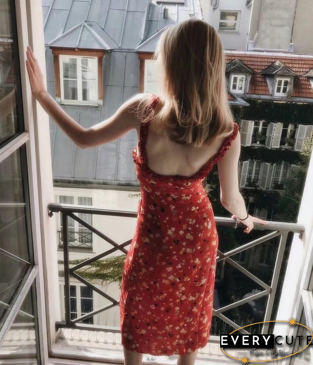 Casual Corset Red Fleur Floral Ruffle Strap Button Up Floral Dress