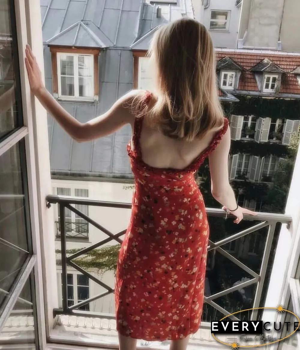 Casual Corset Red Fleur Floral Ruffle Strap Button Up Floral Dress
