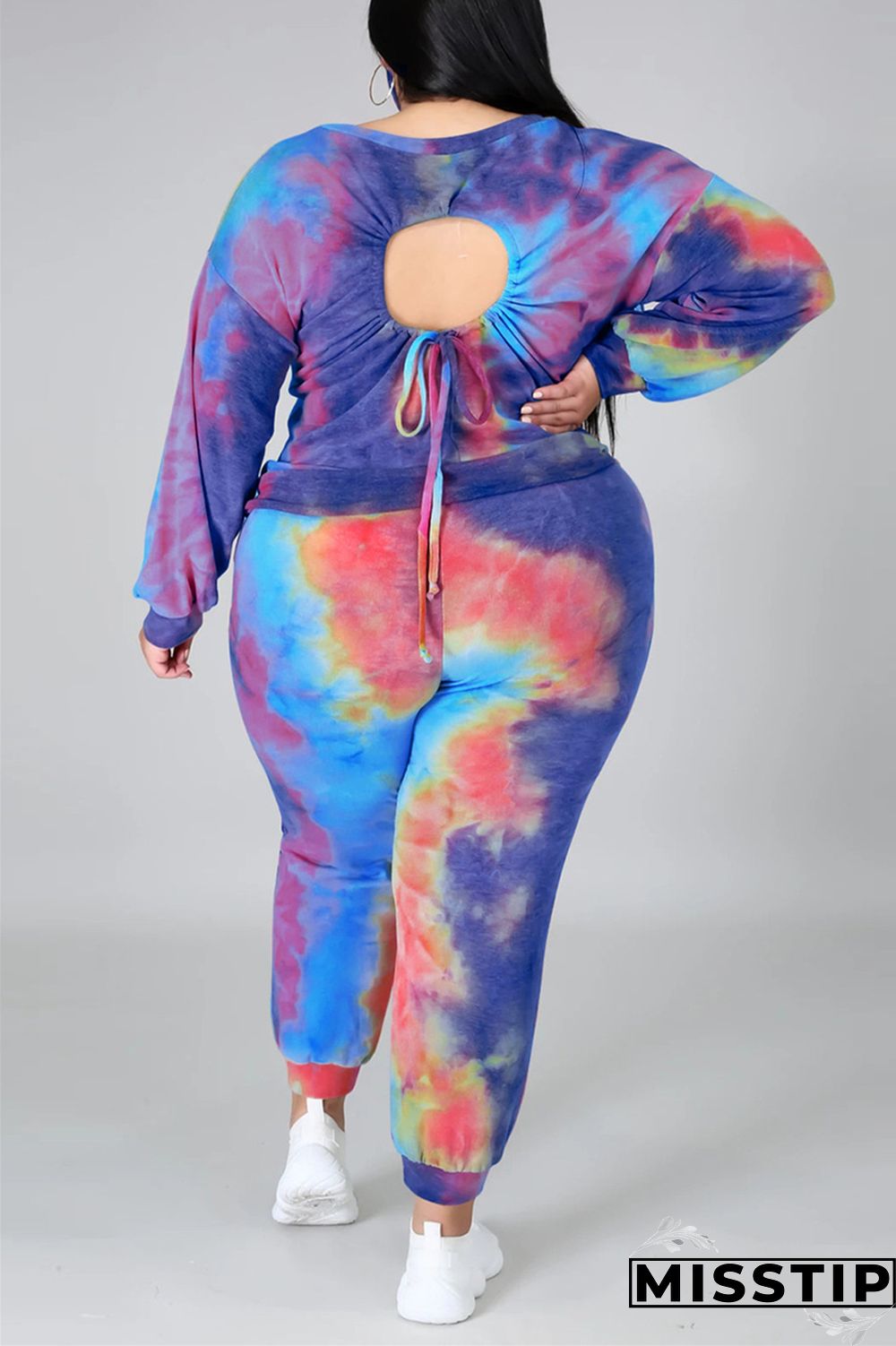 multicolor Fashion Casual Print Tie Dye Tie-dye Backless O Neck Plus Size Set