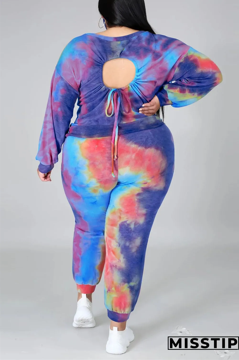 multicolor Fashion Casual Print Tie Dye Tie-dye Backless O Neck Plus Size Set