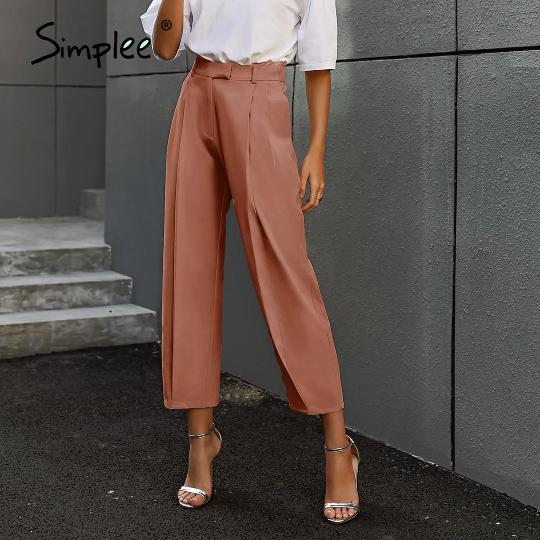 Simplee Solid high waist office lady trousers Loose casual apricot summer women pants High street style Harlan pleated trousers 929