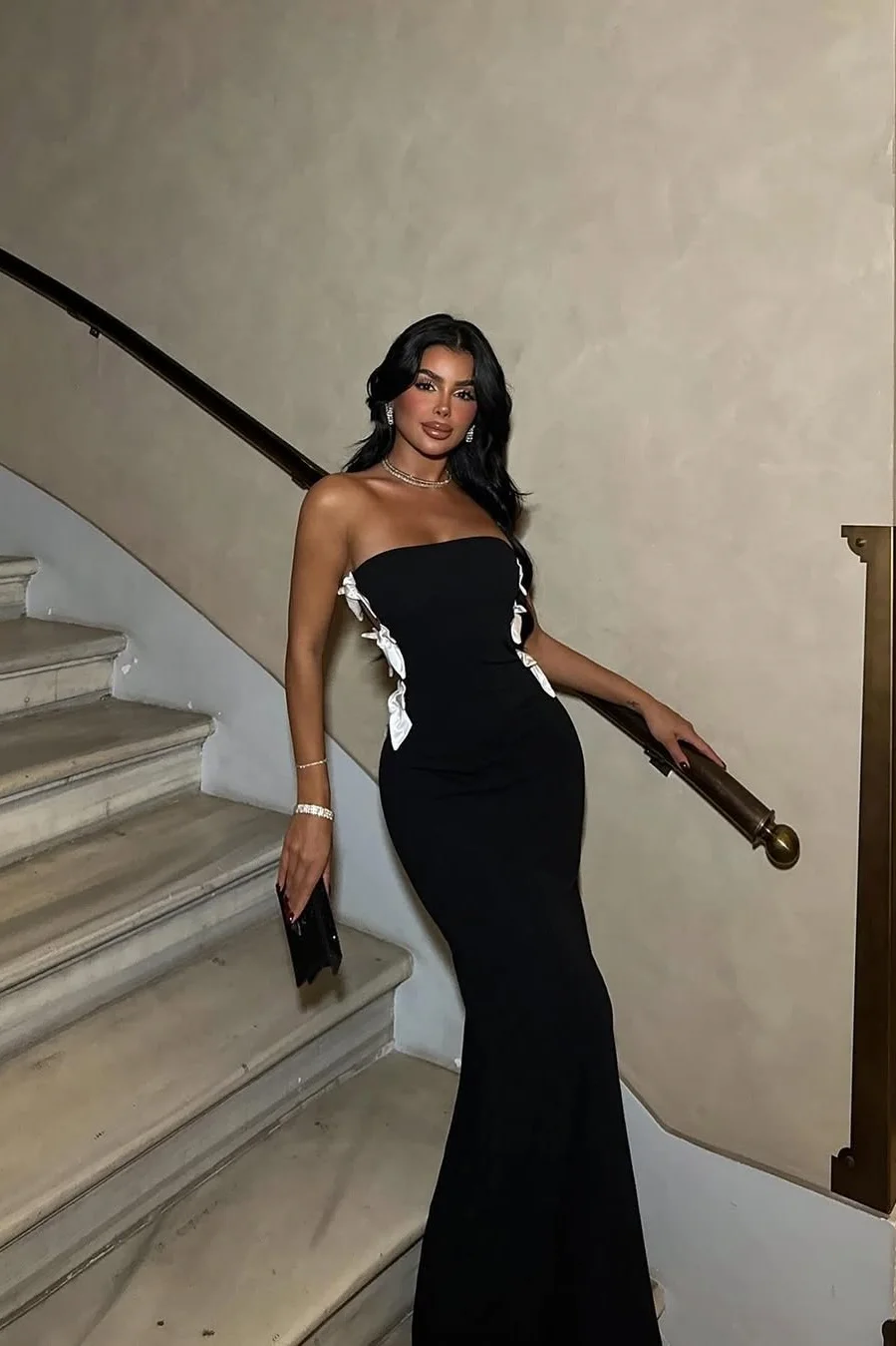 Daisda Black Sleeveless Square Mermaid Prom Dress With Bow
