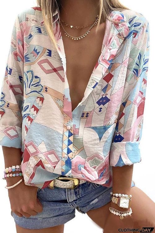 Chic Casual Printed Stand Collar Long Sleeve Slim Shirt