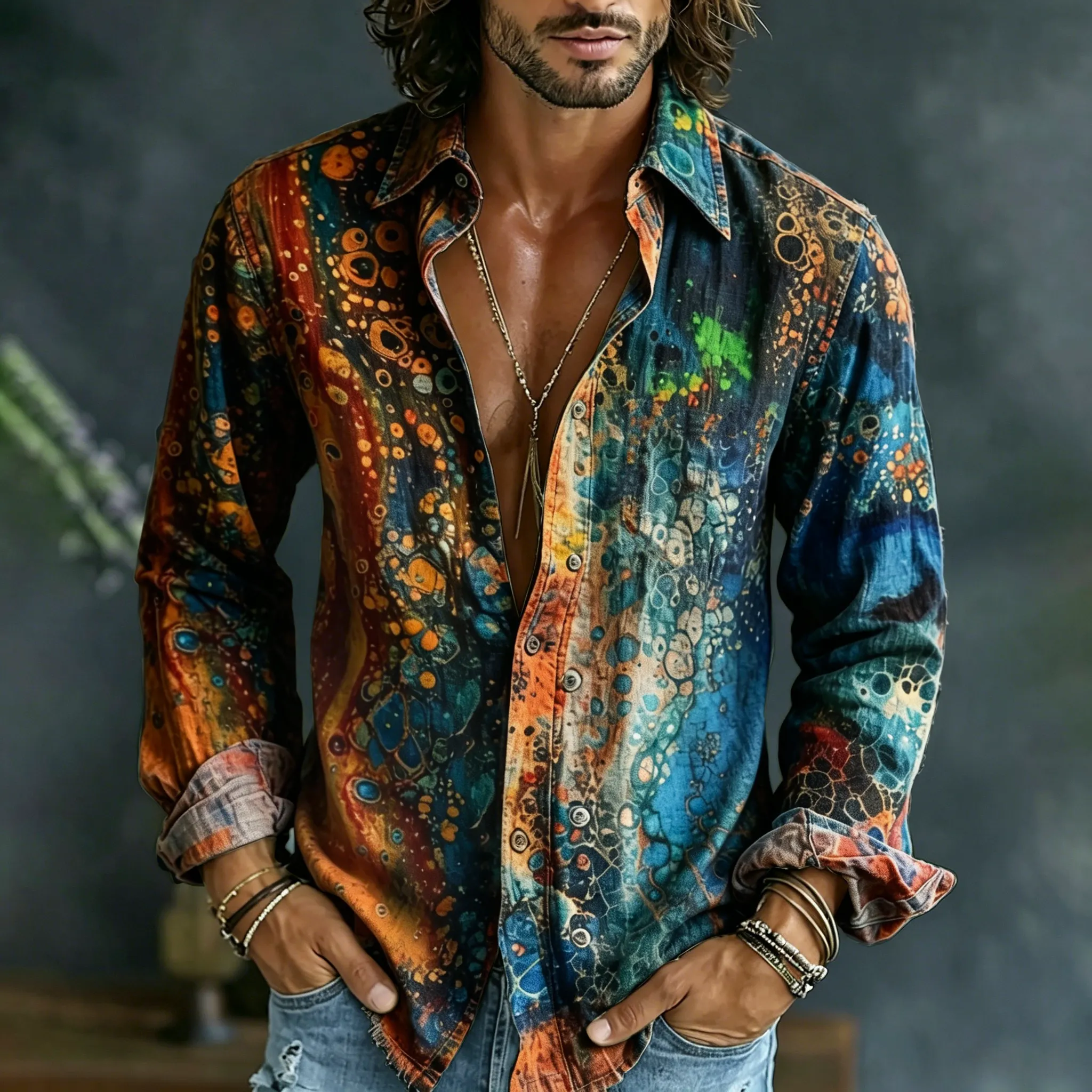 Men's Vintage Abstract Gradient Art Long Sleeves Linen Shirt elevenforest