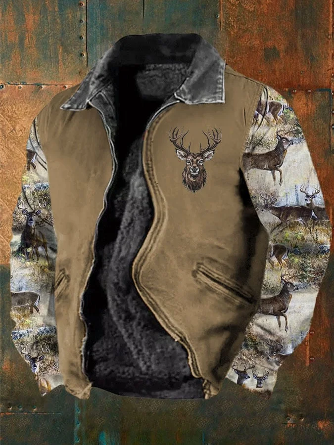 Men's Retro Western Print Fleece Zipper Jacket