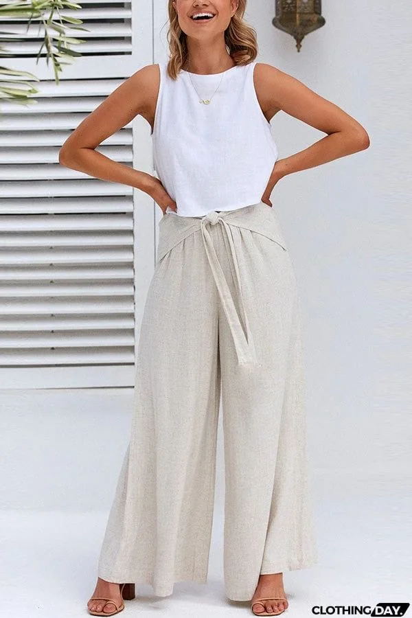 Day By Day Linen Blend Tie Elastic Waistband Wide Leg Pants