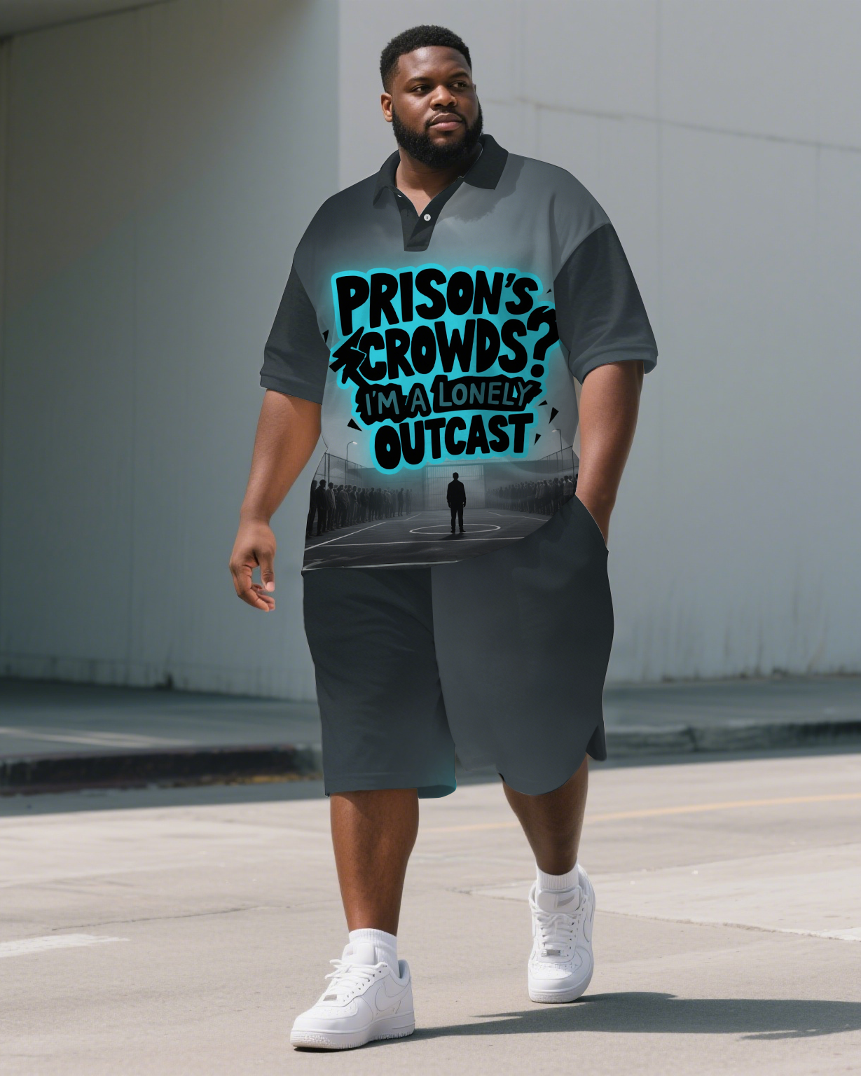 Big Men's Casual PRISON Style Lettering Streetwear Relaxed Short-Sleeve Polo Shirt Shorts Set