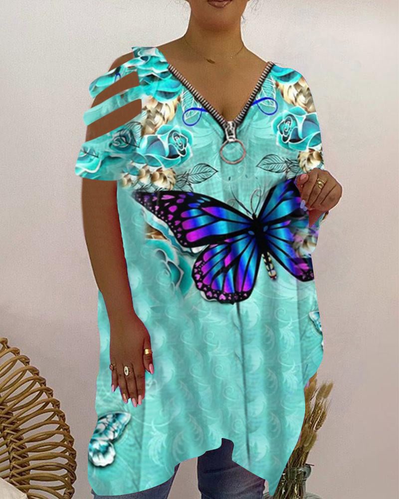 Butterfly pattern Ladies Solid Color Plus Size Top