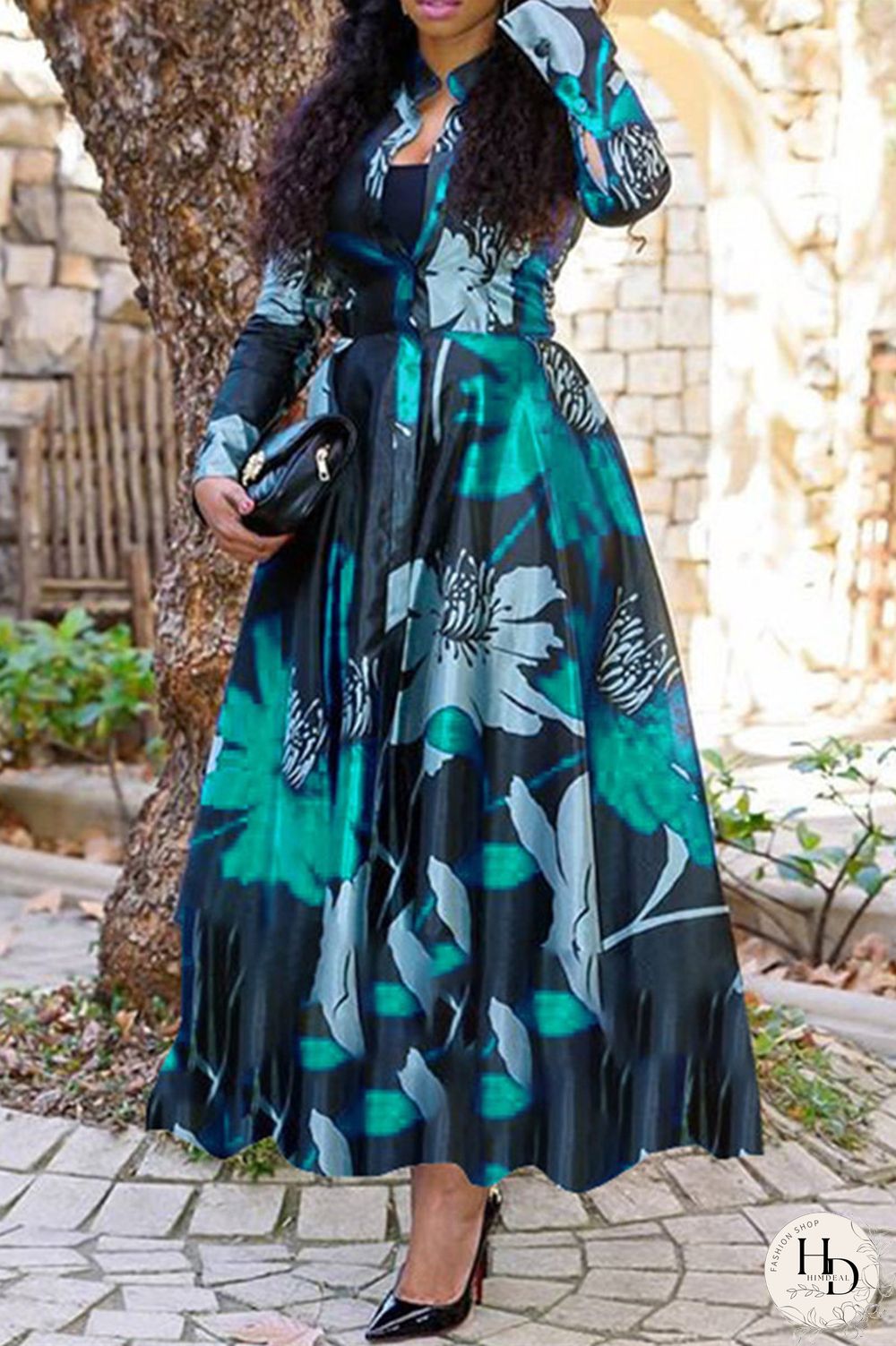 Red Fashion Print Basic Turndown Collar Long Sleeve Dresses