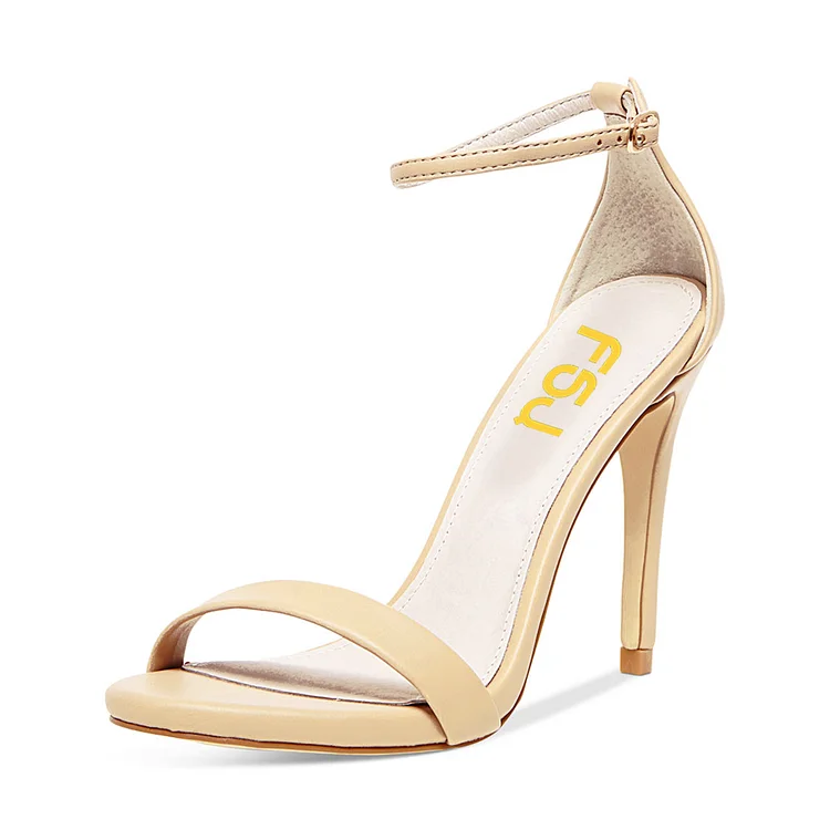 Beige Open Toe Commuting Stiletto Heels Ankle Strap Sandals |FSJ Shoes