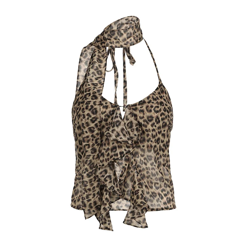 Ueong Hot Leopard Print Hanging Neck Small Vest Female Feeling Flounce Jacket 2024 Spring / Summer Slim New Tide