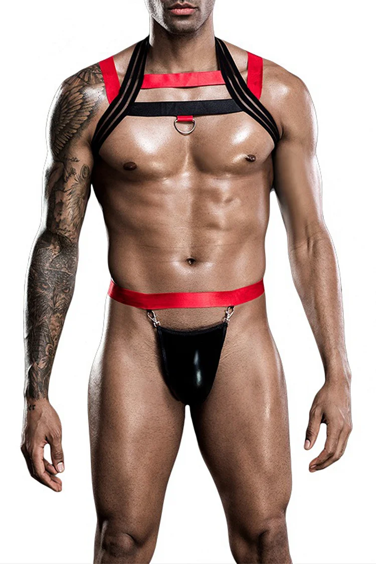 Colorblock Black And Red Body Harness Shorts Two Piece Set