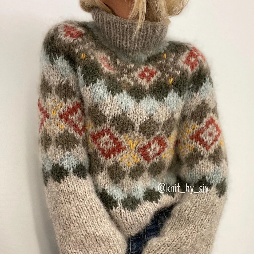 Retro Turtleneck Geometric Contrast Jacquard Sweater