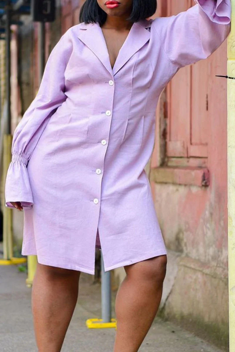Purple Fashion Casual Solid Patchwork Turndown Collar A Line Plus Size Dresses | EGEMISS