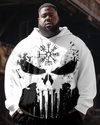 Men's Casual Fashion Ink Skull Viking Totem Print Plus Size Hoodie Suit