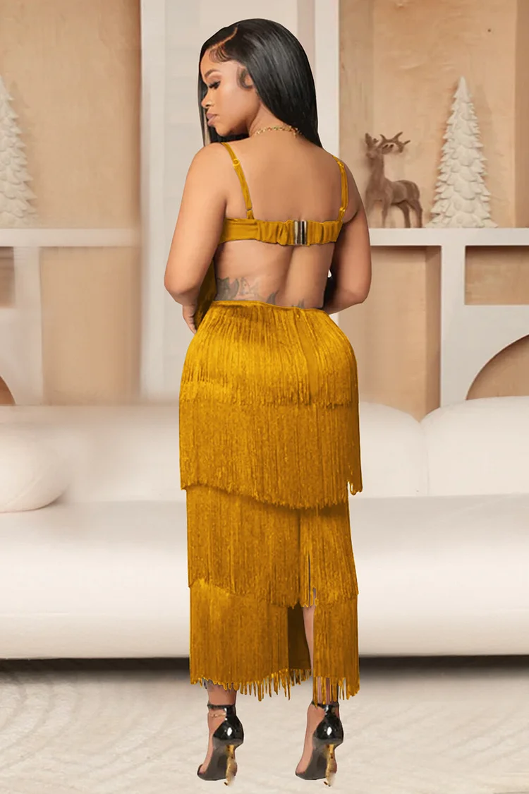 Tiered Fringed Design Sweetheart Neckline Backless Slip Maxi Dresses-Gold