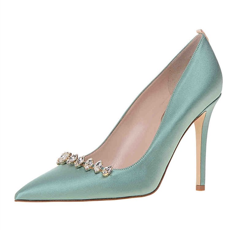 Turquoise Rhinestone Heels Satin Pumps Pointy Toe Wedding Shoes |FSJ Shoes