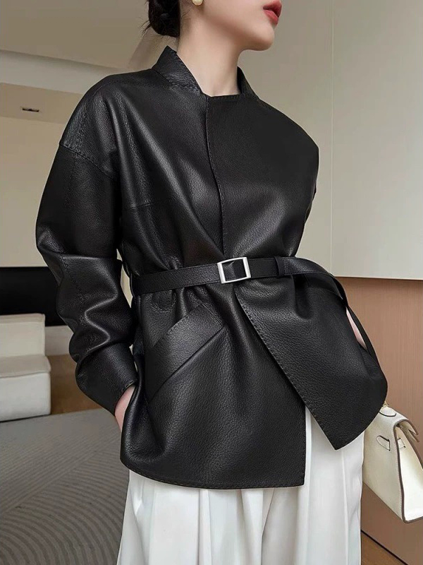 Lace-Up Leather Long Sleeve Short Coat