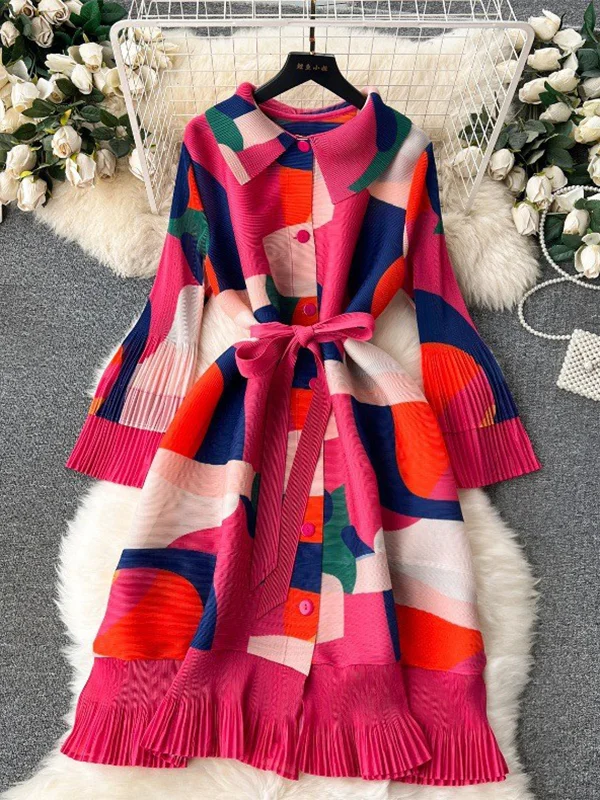 Flared Sleeves Loose Belted Contrast Color Pleated Midi Dresses