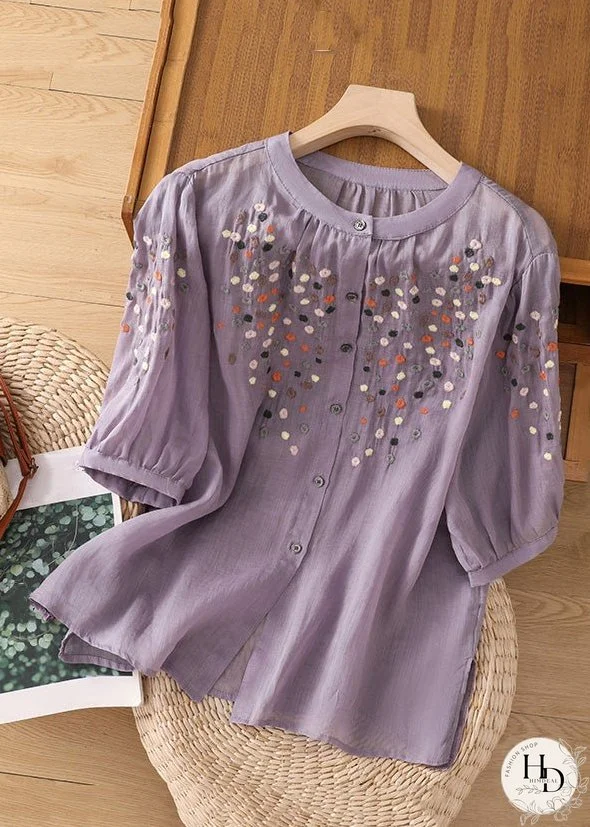 New Purple O Neck Embroideried Side Open Linen Blouse Spring